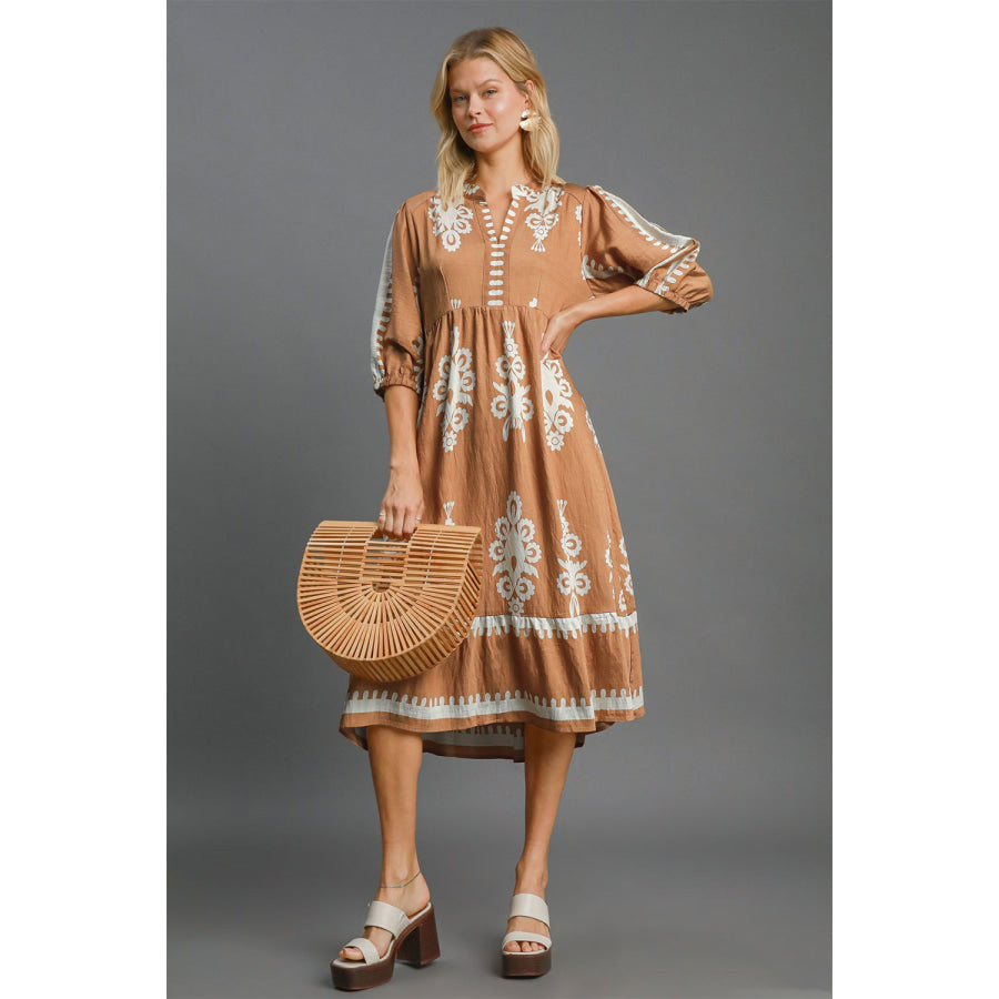 Umgee Full Size Printed Notched Midi Dress Mocha / S Apparel and Accessories