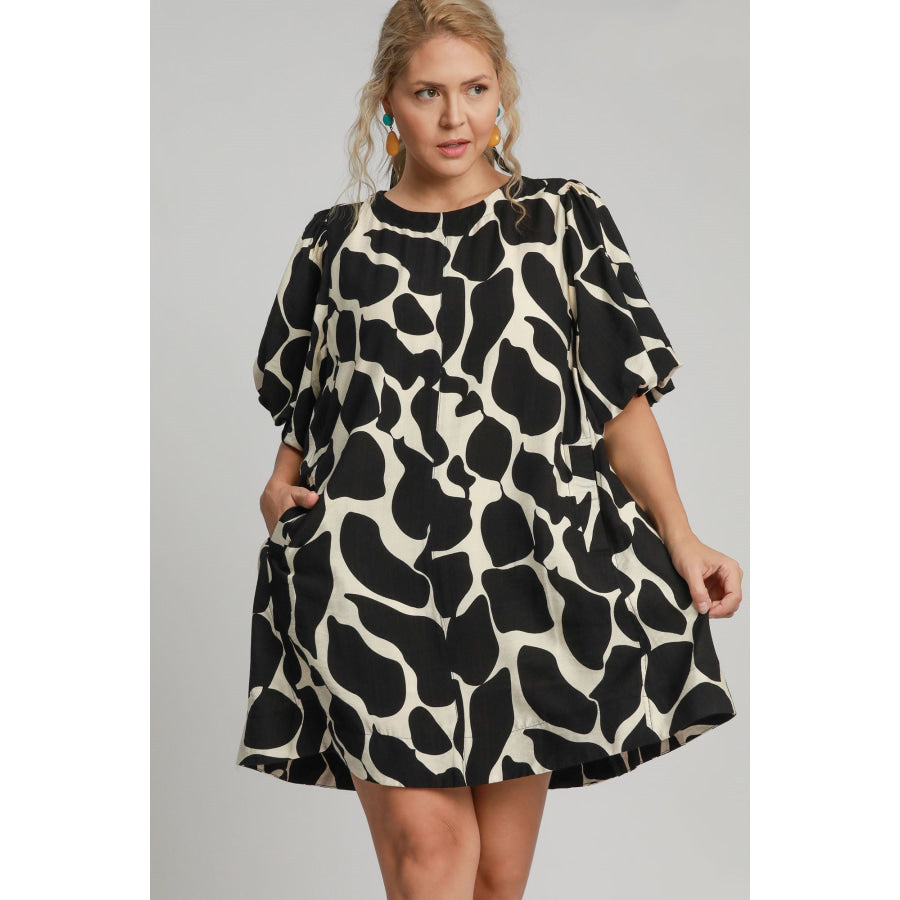 Umgee Full Size Two Tone Abstract Print Puff Sleeve Dress Plus Size Apparel and Accessories