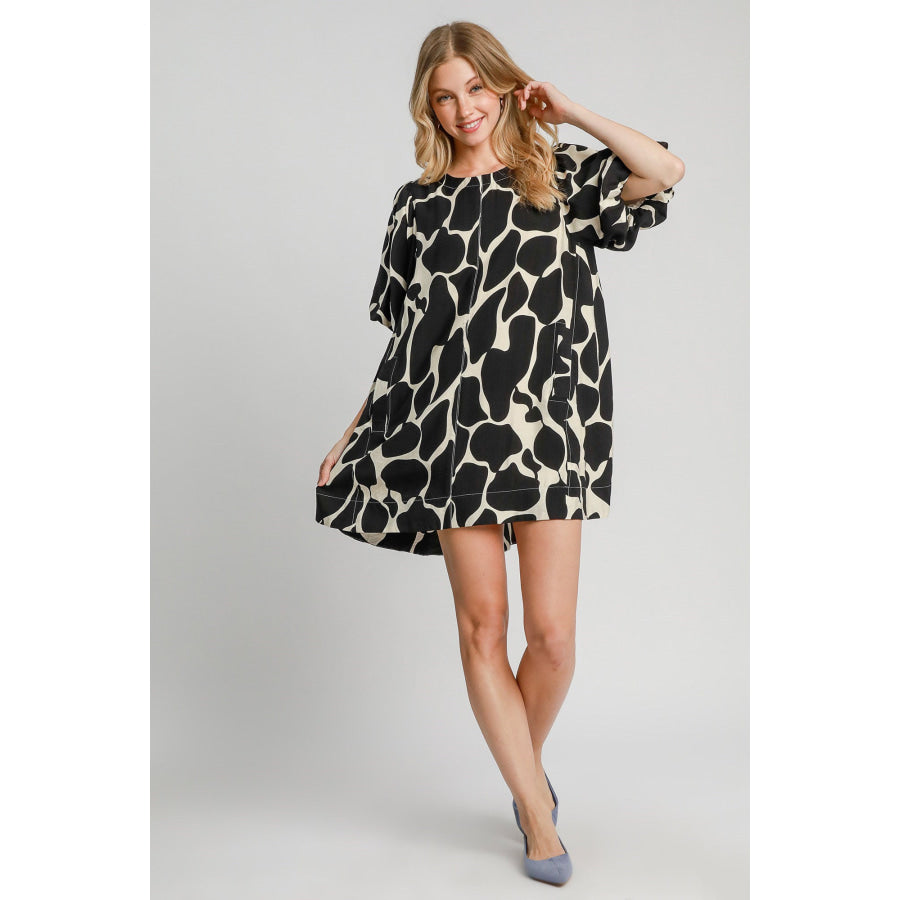 Umgee Full Size Two Tone Abstract Print Puff Sleeve Dress Plus Size Apparel and Accessories