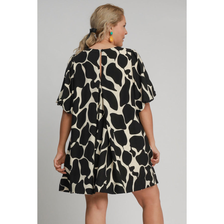 Umgee Full Size Two Tone Abstract Print Puff Sleeve Dress Plus Size Apparel and Accessories