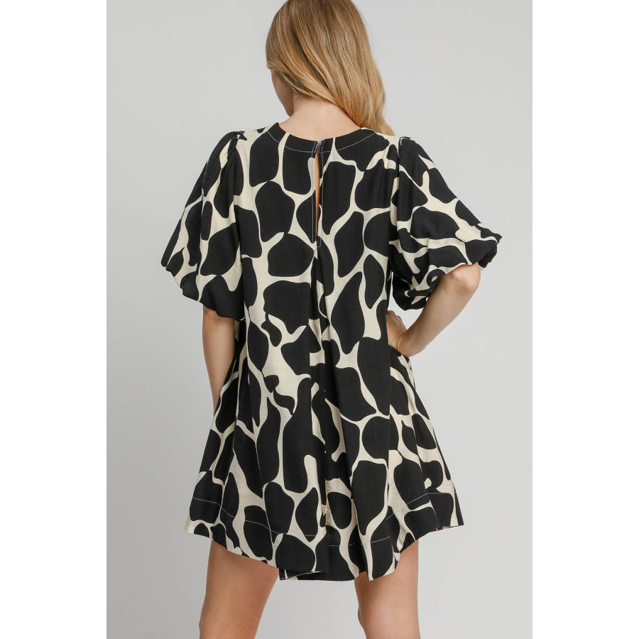 Umgee Full Size Two Tone Abstract Print Puff Sleeve Dress Plus Size Apparel and Accessories