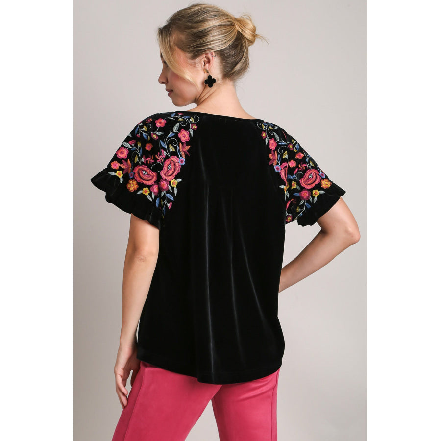 Umgee Full Size Velvet Embroidery Short Sleeve Blouse Apparel and Accessories