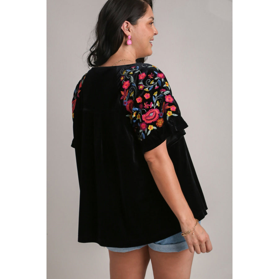 Umgee Full Size Velvet Embroidery Short Sleeve Blouse Apparel and Accessories