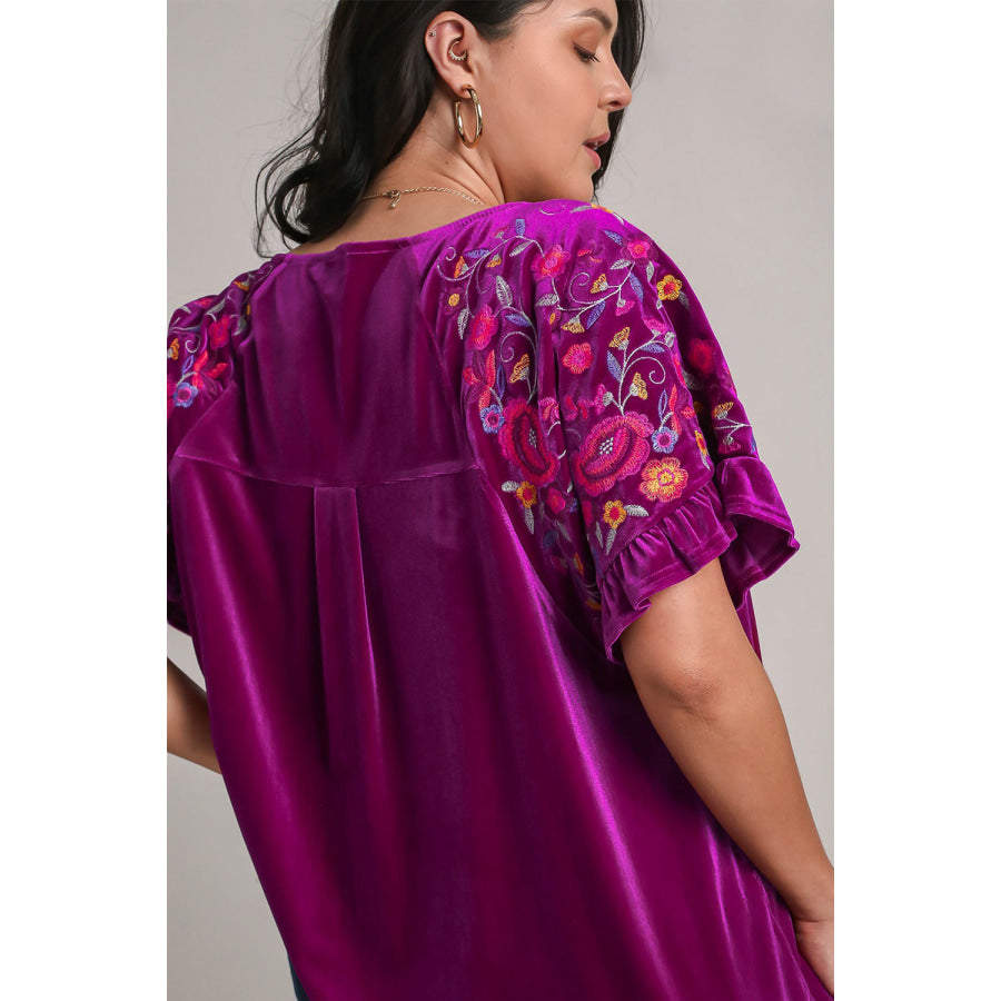 Umgee Full Size Velvet Embroidery Short Sleeve Blouse Apparel and Accessories