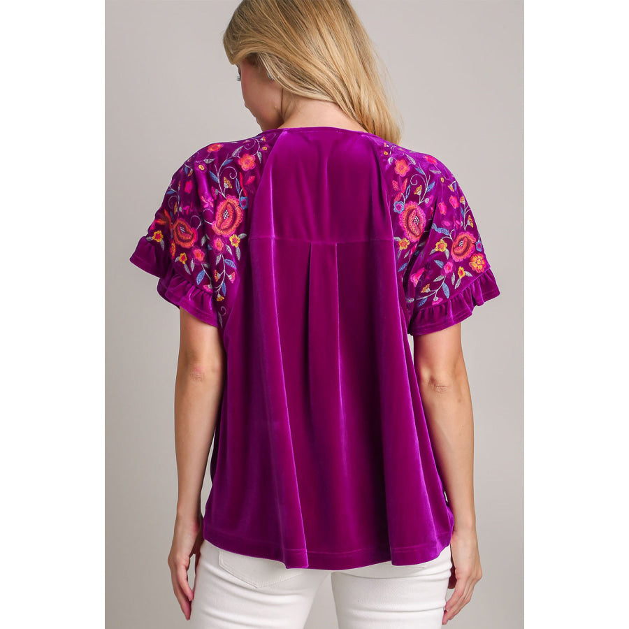 Umgee Full Size Velvet Embroidery Short Sleeve Blouse Violet / S Apparel and Accessories