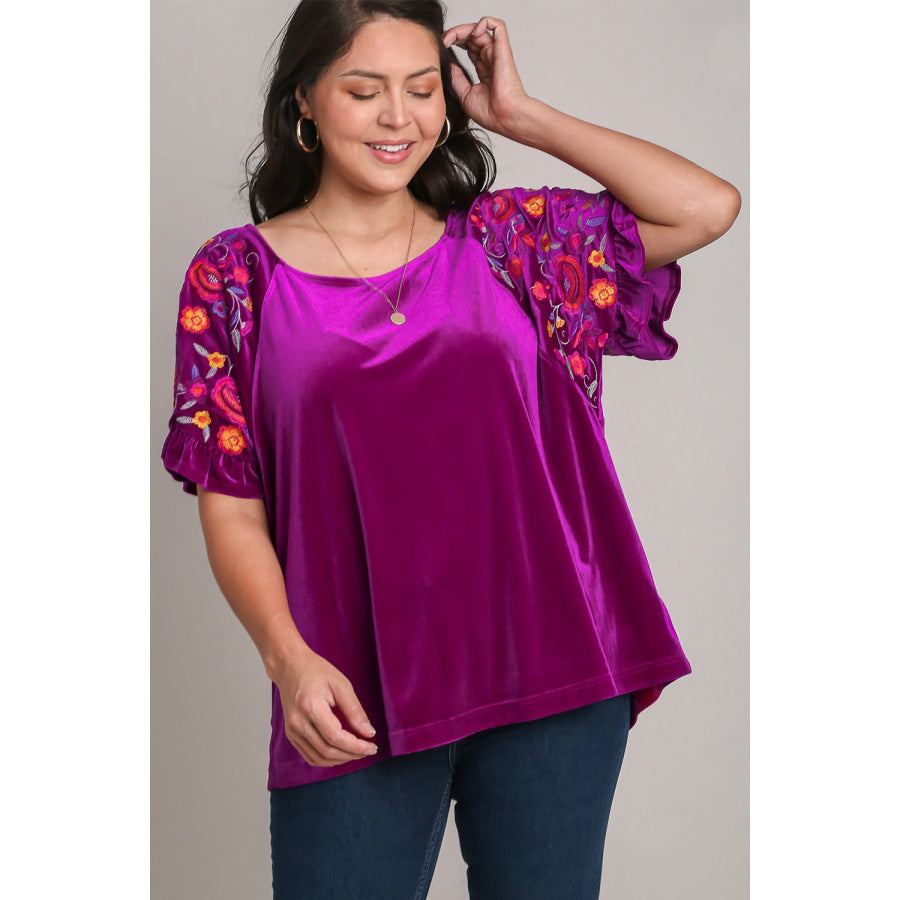 Umgee Full Size Velvet Embroidery Short Sleeve Blouse Apparel and Accessories