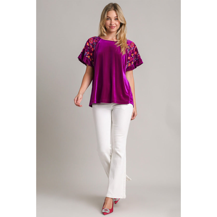 Umgee Full Size Velvet Embroidery Short Sleeve Blouse Apparel and Accessories