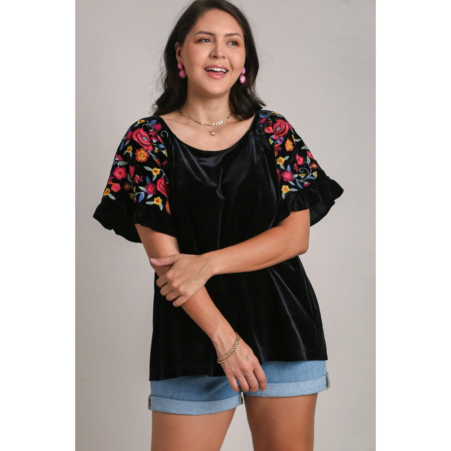 Umgee Full Size Velvet Embroidery Short Sleeve Blouse Apparel and Accessories