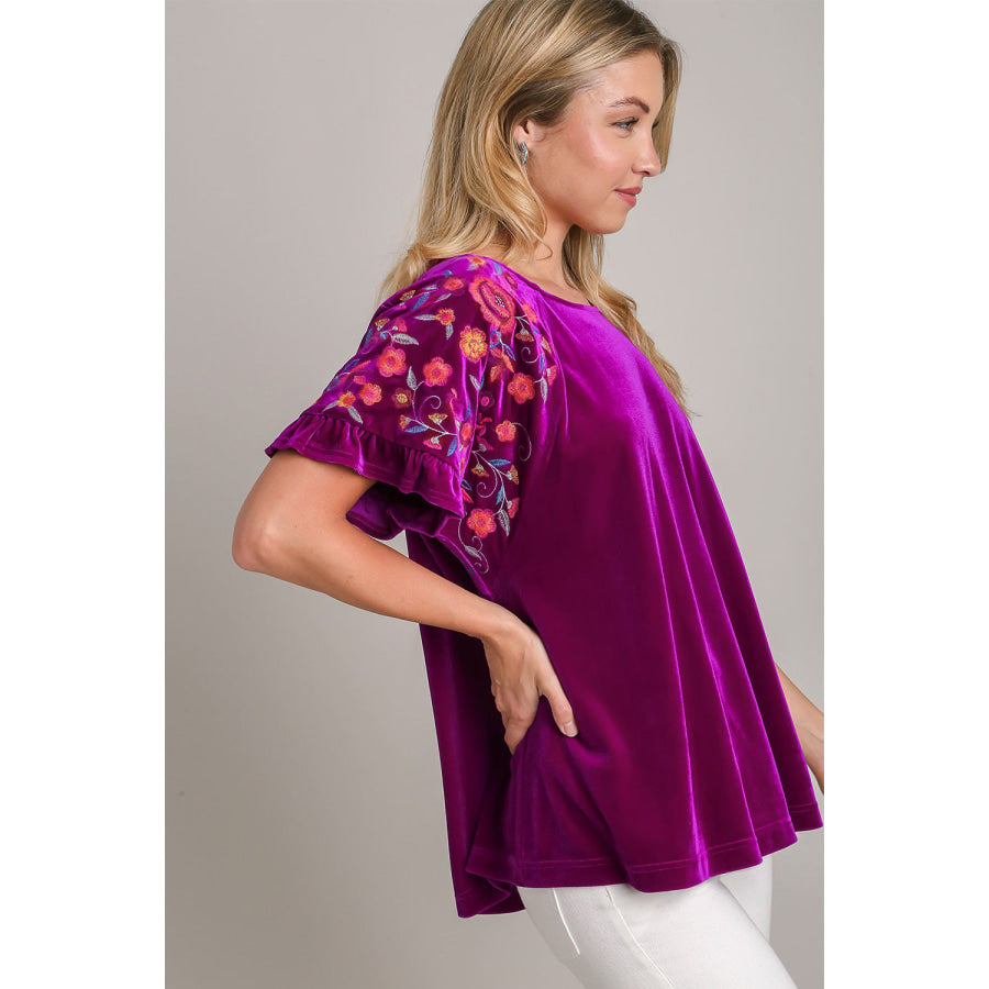 Umgee Full Size Velvet Embroidery Short Sleeve Blouse Apparel and Accessories