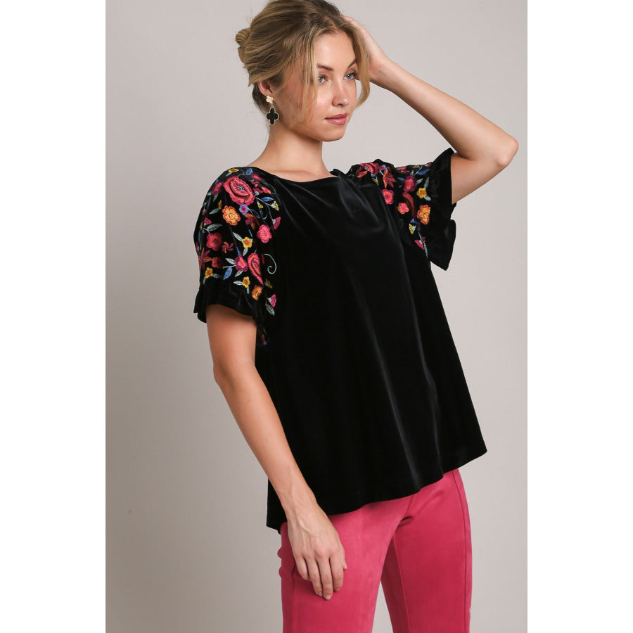 Umgee Full Size Velvet Embroidery Short Sleeve Blouse Black / S Apparel and Accessories