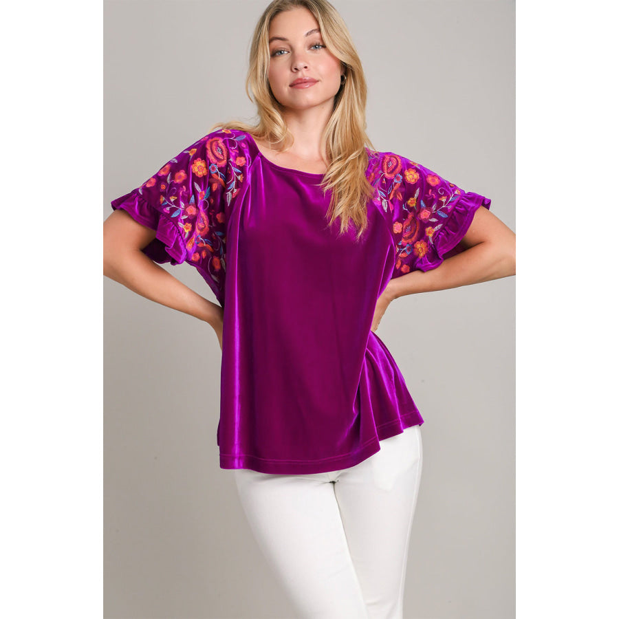 Umgee Full Size Velvet Embroidery Short Sleeve Blouse Violet / S Apparel and Accessories