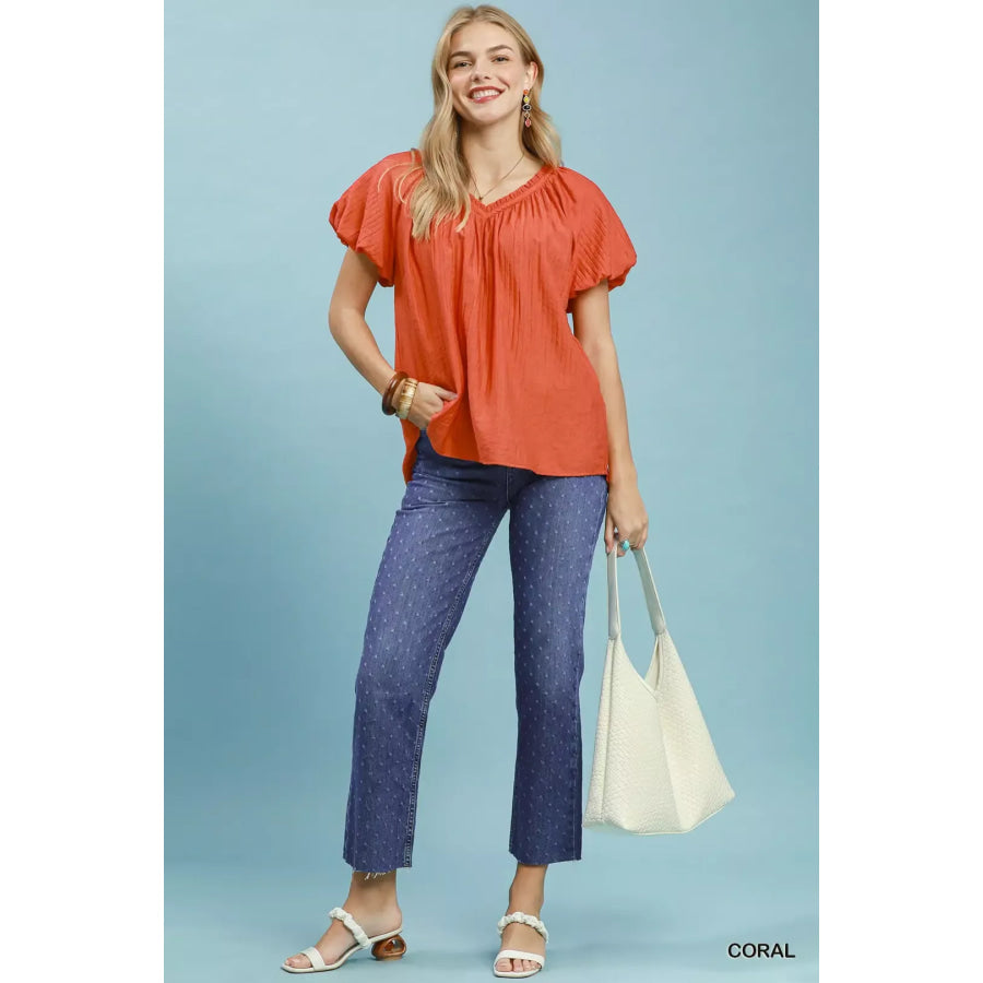 Umgee Gathered V-Neck Top Apparel and Accessories