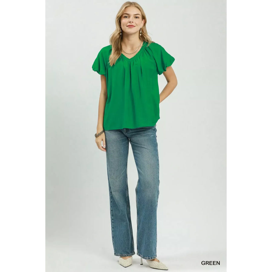 Umgee Gathered V-Neck Top Apparel and Accessories