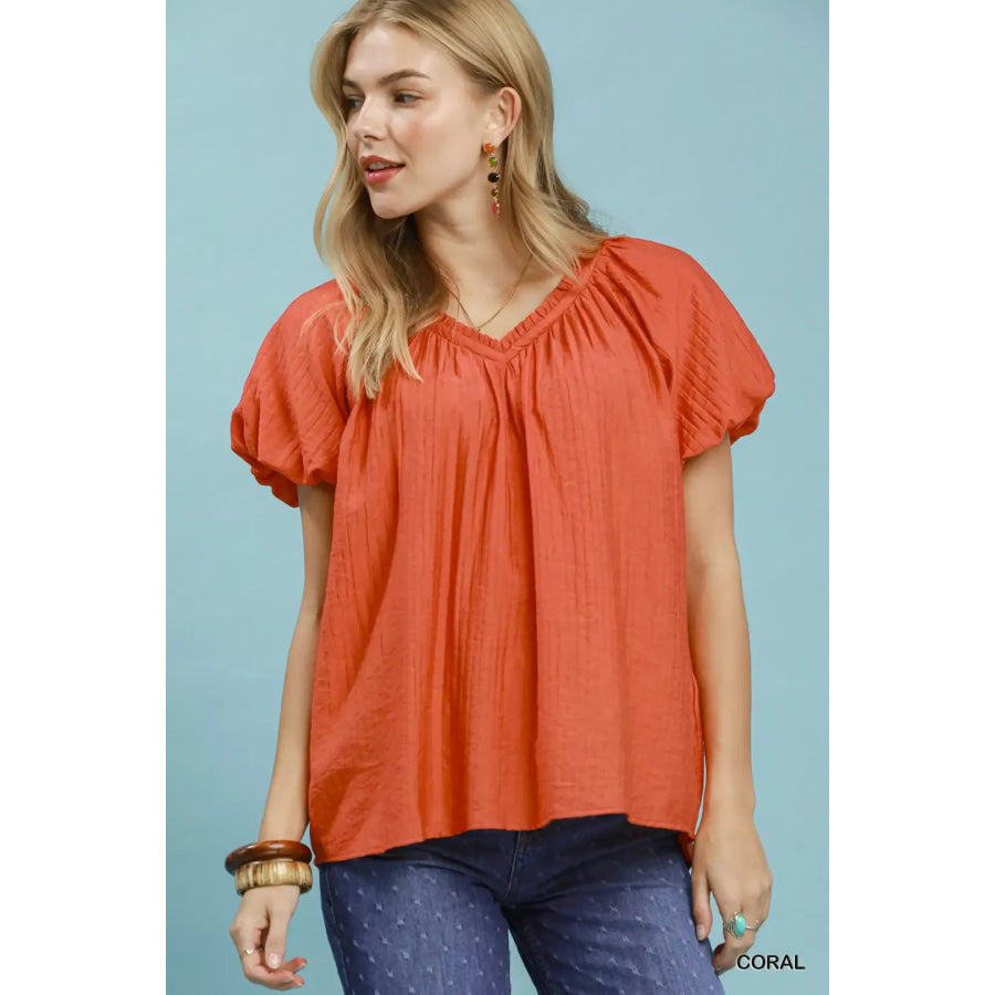 Umgee Gathered V-Neck Top CORAL / S Apparel and Accessories