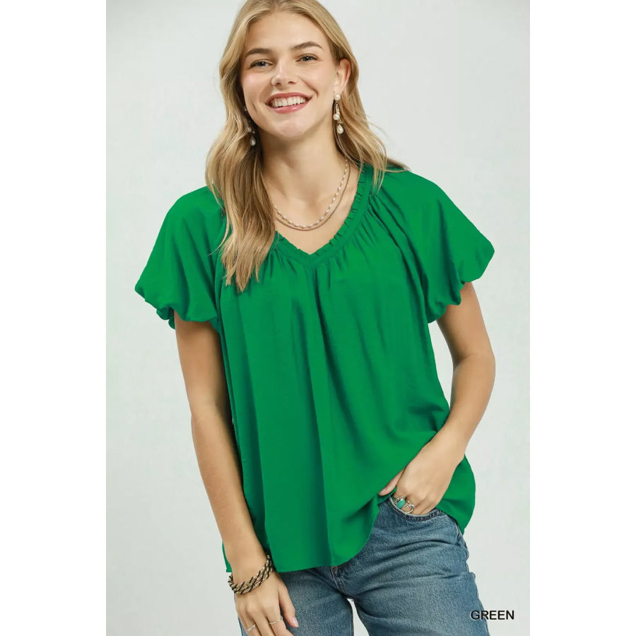 Umgee Gathered V-Neck Top GREEN / S Apparel and Accessories