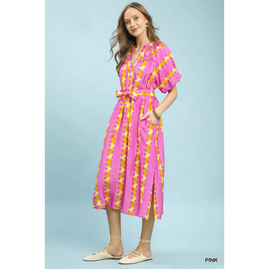 Umgee Geo Stripe Smocked Waist Tie Dress Apparel and Accessories