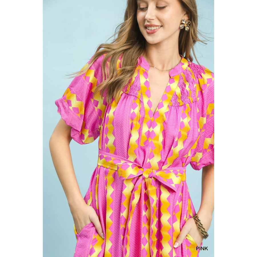 Umgee Geo Stripe Smocked Waist Tie Dress Apparel and Accessories