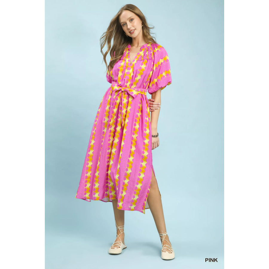 Umgee Geo Stripe Smocked Waist Tie Dress Apparel and Accessories