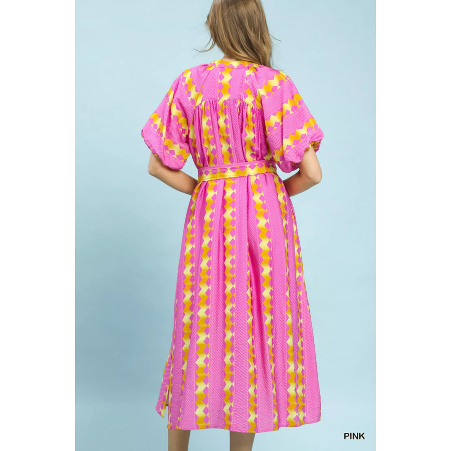 Umgee Geo Stripe Smocked Waist Tie Dress Apparel and Accessories