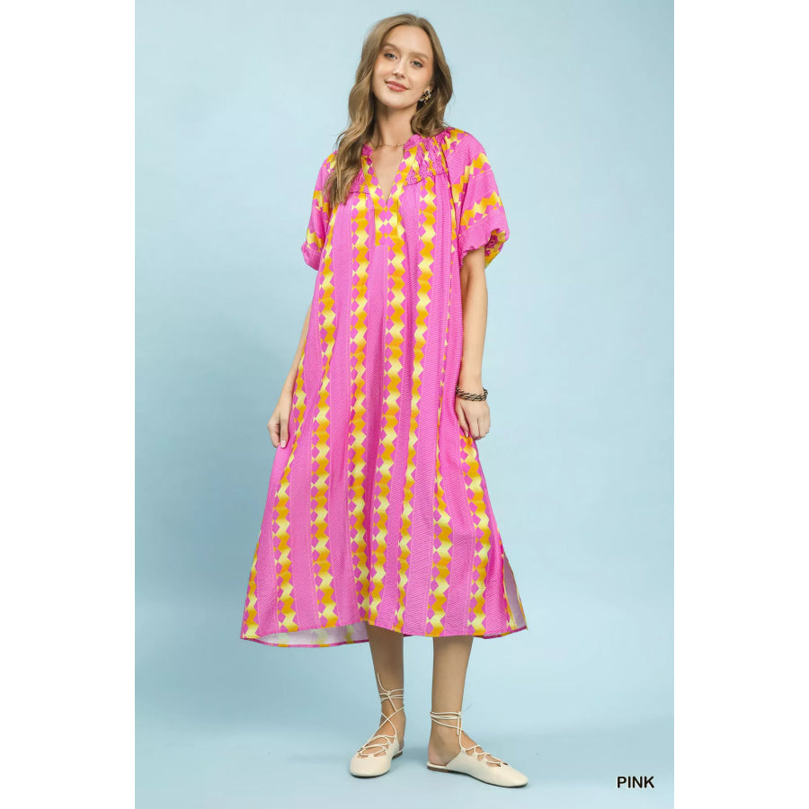 Umgee Geo Stripe Smocked Waist Tie Dress Apparel and Accessories