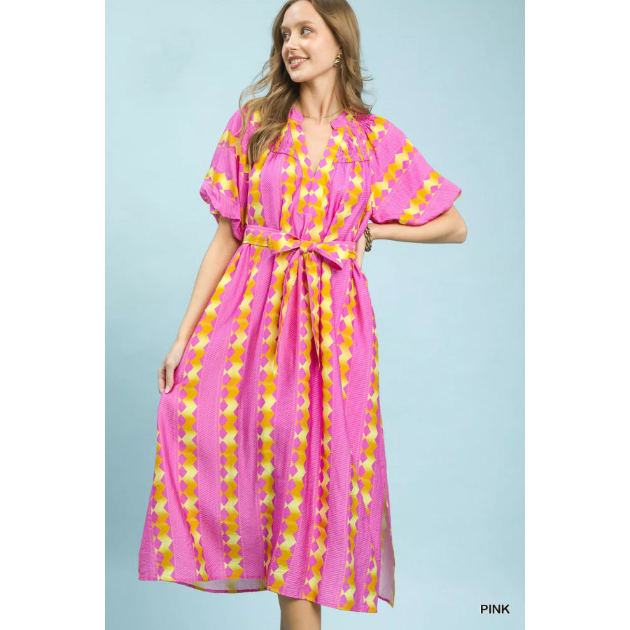 Umgee Geo Stripe Smocked Waist Tie Dress PINK / S Apparel and Accessories