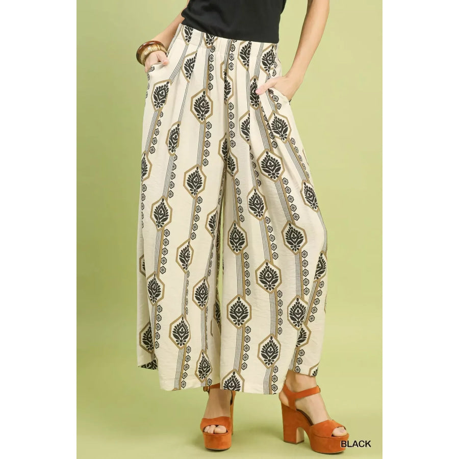 Umgee Geometric Boho Print Wide Leg Pants BLACK / S Apparel and Accessories