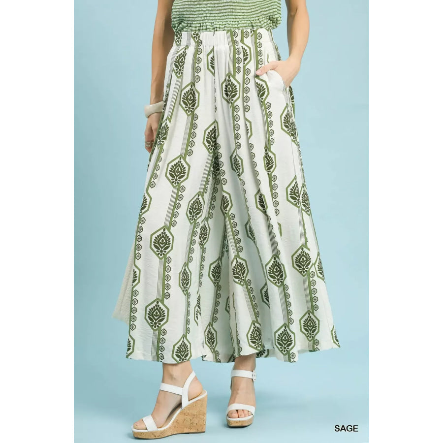 Umgee Geometric Boho Print Wide Leg Pants SAGE / S Apparel and Accessories