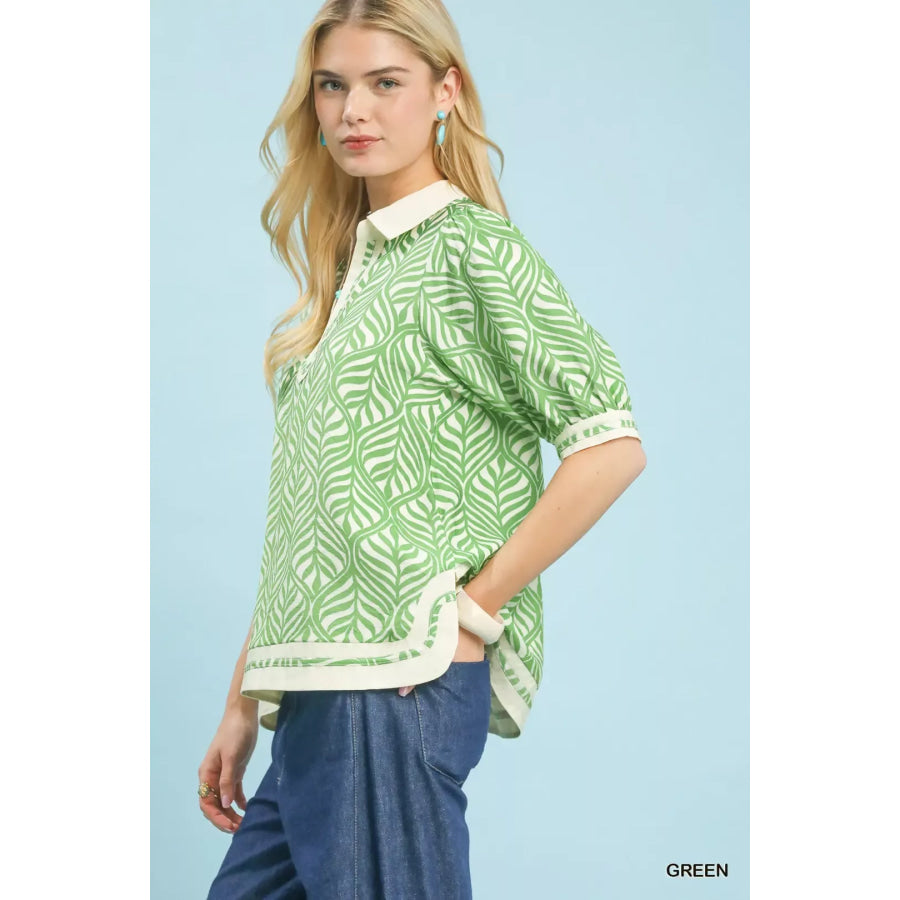 Umgee Geometric Leaf Print Popover Top GREEN / S Apparel and Accessories