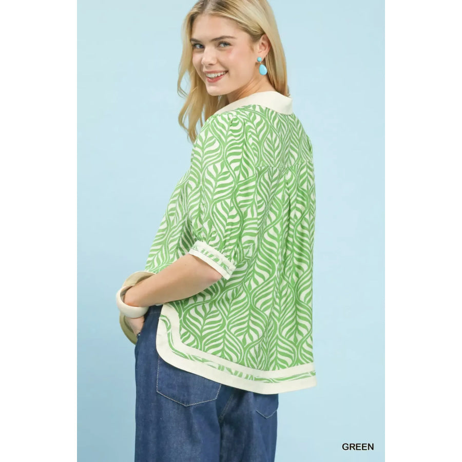 Umgee Geometric Leaf Print Popover Top Apparel and Accessories