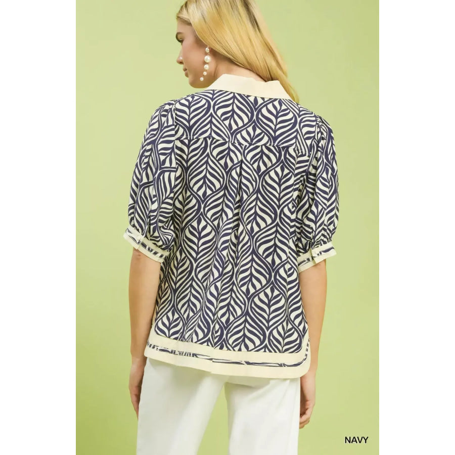 Umgee Geometric Leaf Print Popover Top Apparel and Accessories