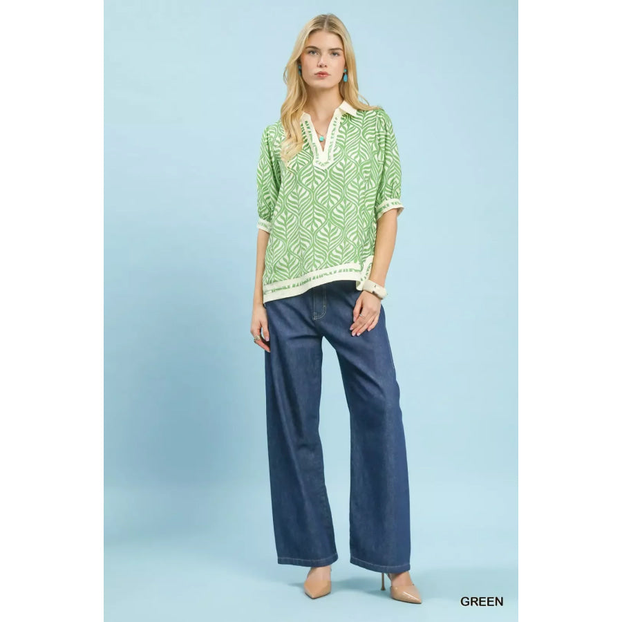Umgee Geometric Leaf Print Popover Top Apparel and Accessories