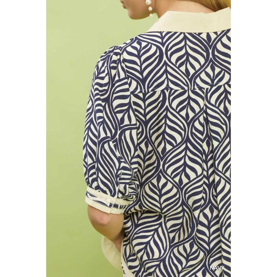 Umgee Geometric Leaf Print Popover Top Apparel and Accessories