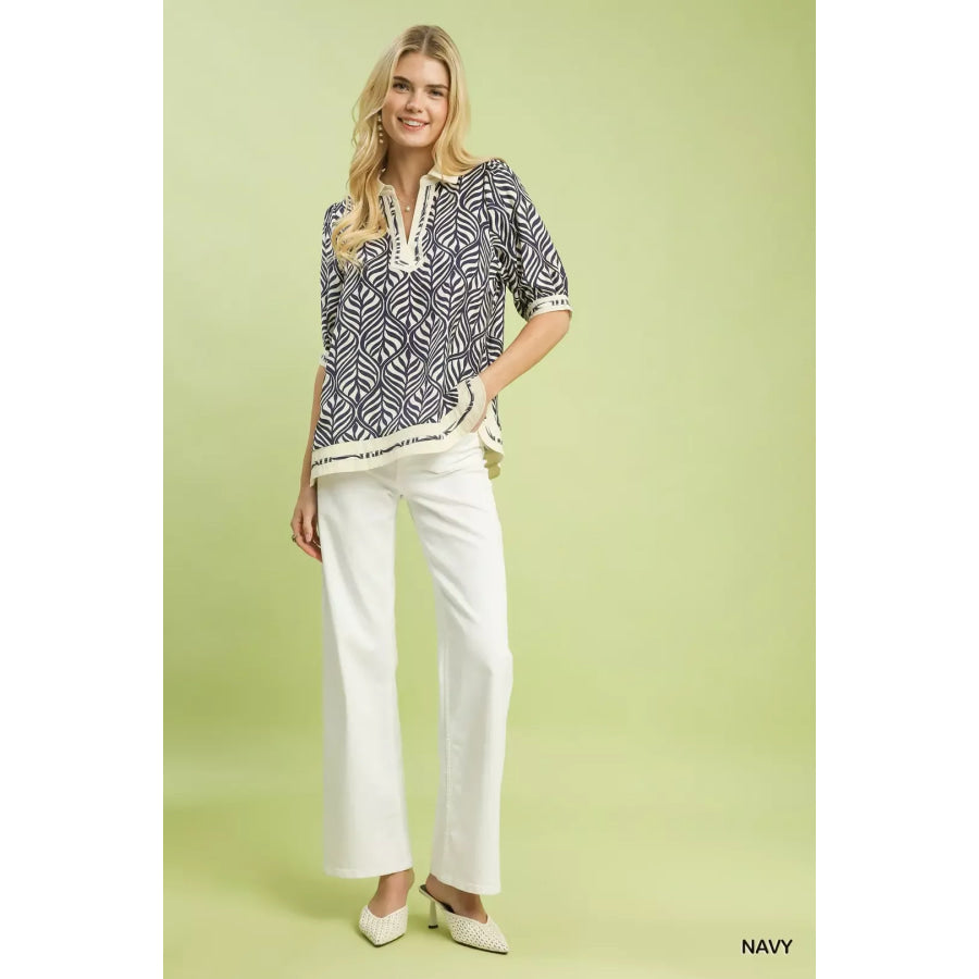 Umgee Geometric Leaf Print Popover Top Apparel and Accessories