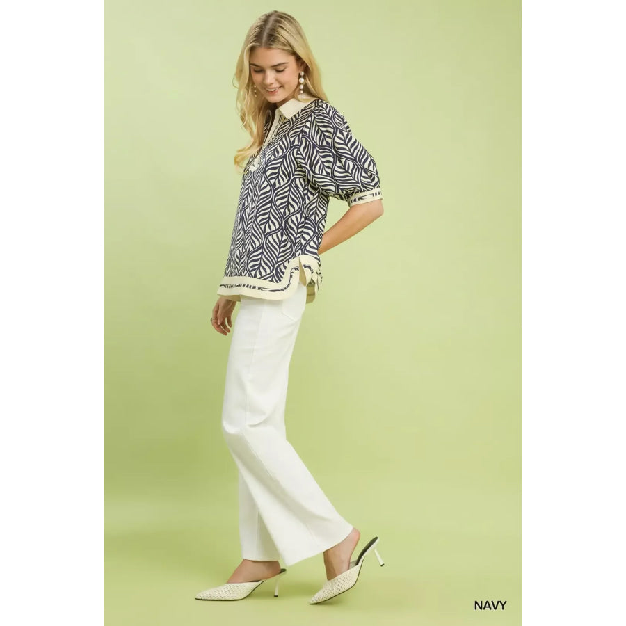 Umgee Geometric Leaf Print Popover Top Apparel and Accessories