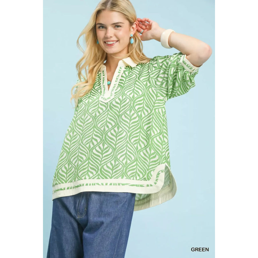 Umgee Geometric Leaf Print Popover Top GREEN / S Apparel and Accessories