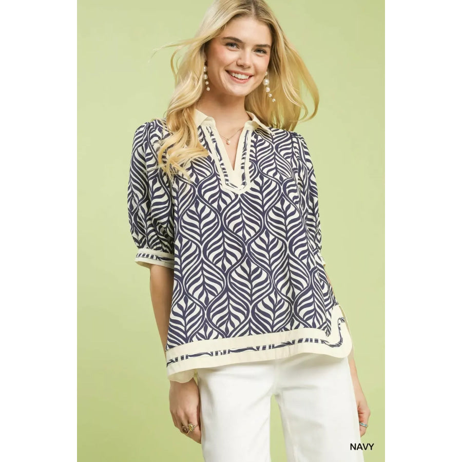 Umgee Geometric Leaf Print Popover Top NAVY / S Apparel and Accessories
