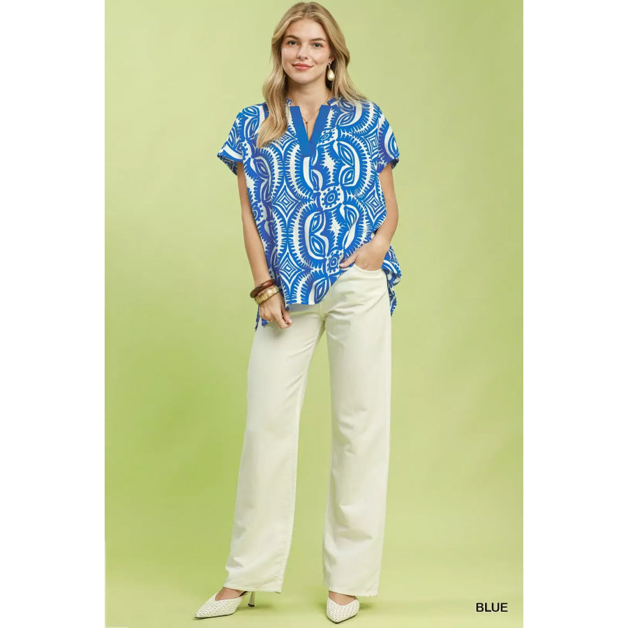 Umgee Geometric Print V-Neck Short Sleeve Top Apparel and Accessories