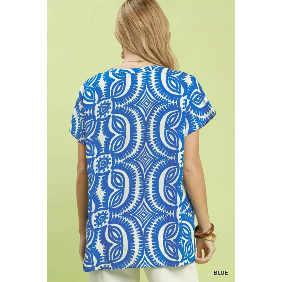 Umgee Geometric Print V-Neck Short Sleeve Top Apparel and Accessories