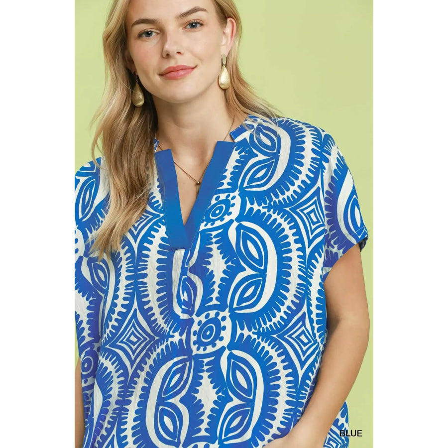 Umgee Geometric Print V-Neck Short Sleeve Top Apparel and Accessories