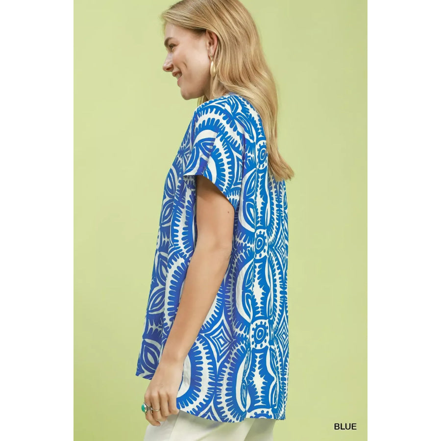 Umgee Geometric Print V-Neck Short Sleeve Top BLUE / S Apparel and Accessories