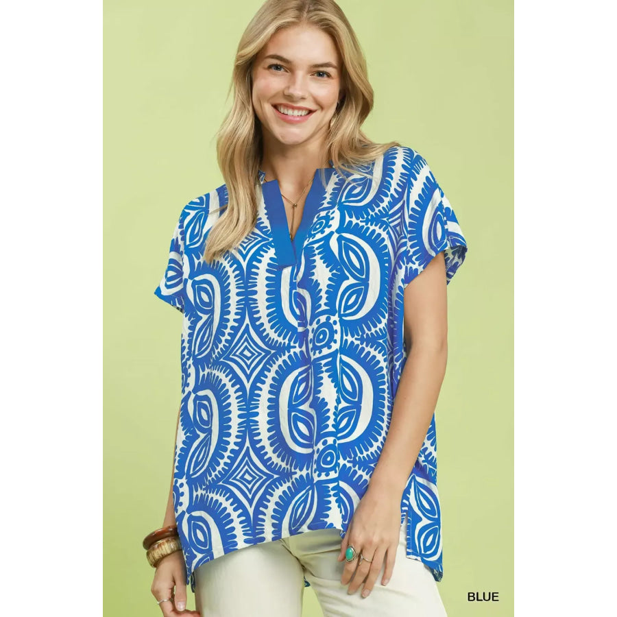 Umgee Geometric Print V-Neck Short Sleeve Top BLUE / S Apparel and Accessories