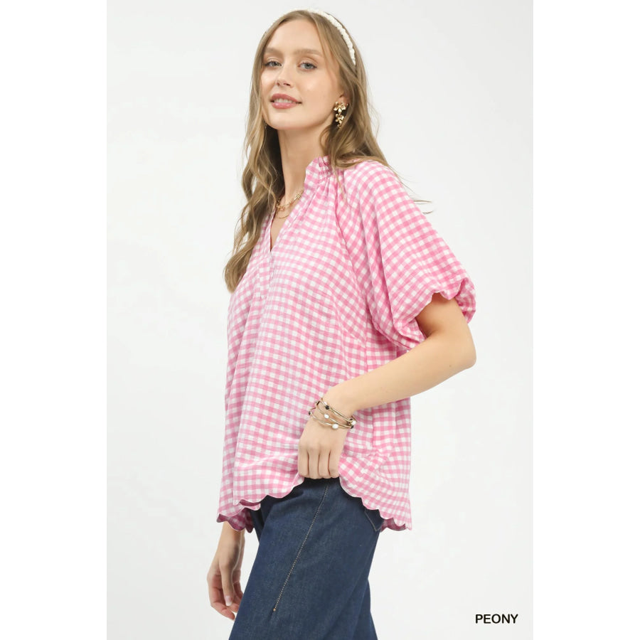 Umgee Gingham Bubble Sleeve Blouse with Scallop Hem PEONY / S Apparel and Accessories