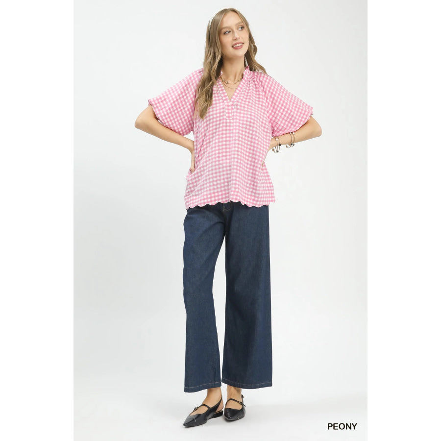 Umgee Gingham Bubble Sleeve Blouse with Scallop Hem Apparel and Accessories