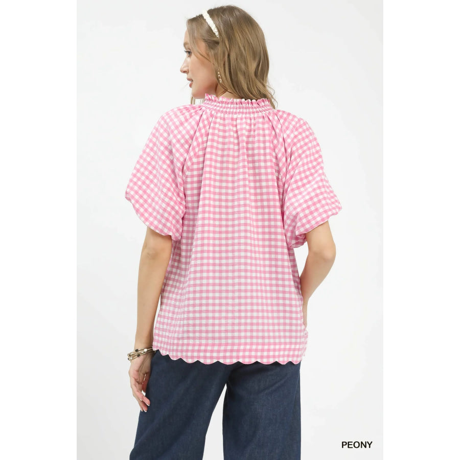 Umgee Gingham Bubble Sleeve Blouse with Scallop Hem Apparel and Accessories