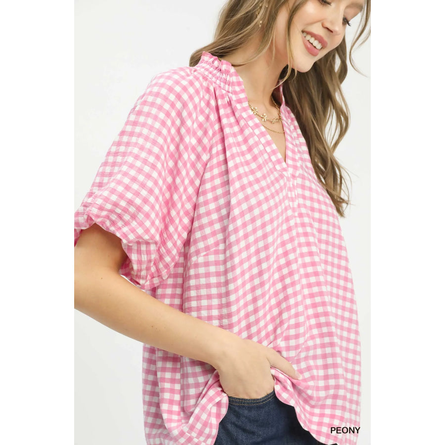 Umgee Gingham Bubble Sleeve Blouse with Scallop Hem Apparel and Accessories