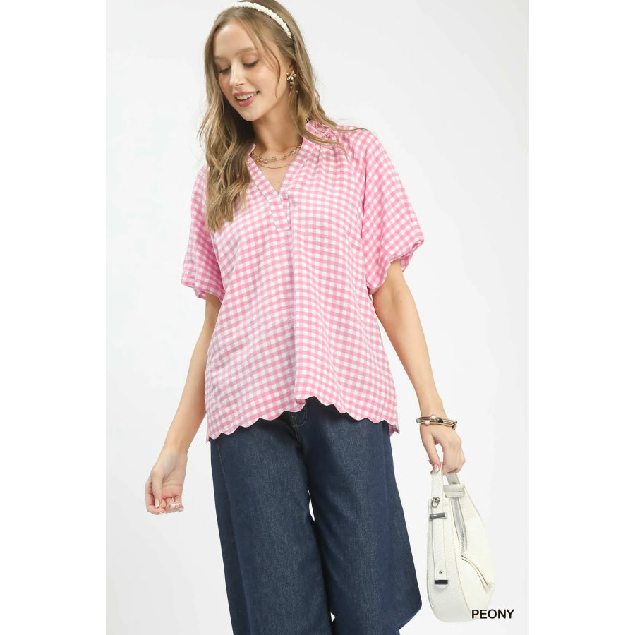 Umgee Gingham Bubble Sleeve Blouse with Scallop Hem PEONY / S Apparel and Accessories