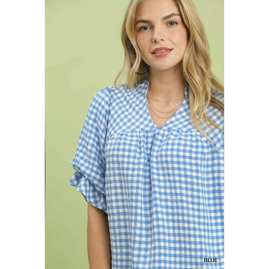 Umgee Gingham Check Blouse with Ruffle Sleeves Apparel and Accessories