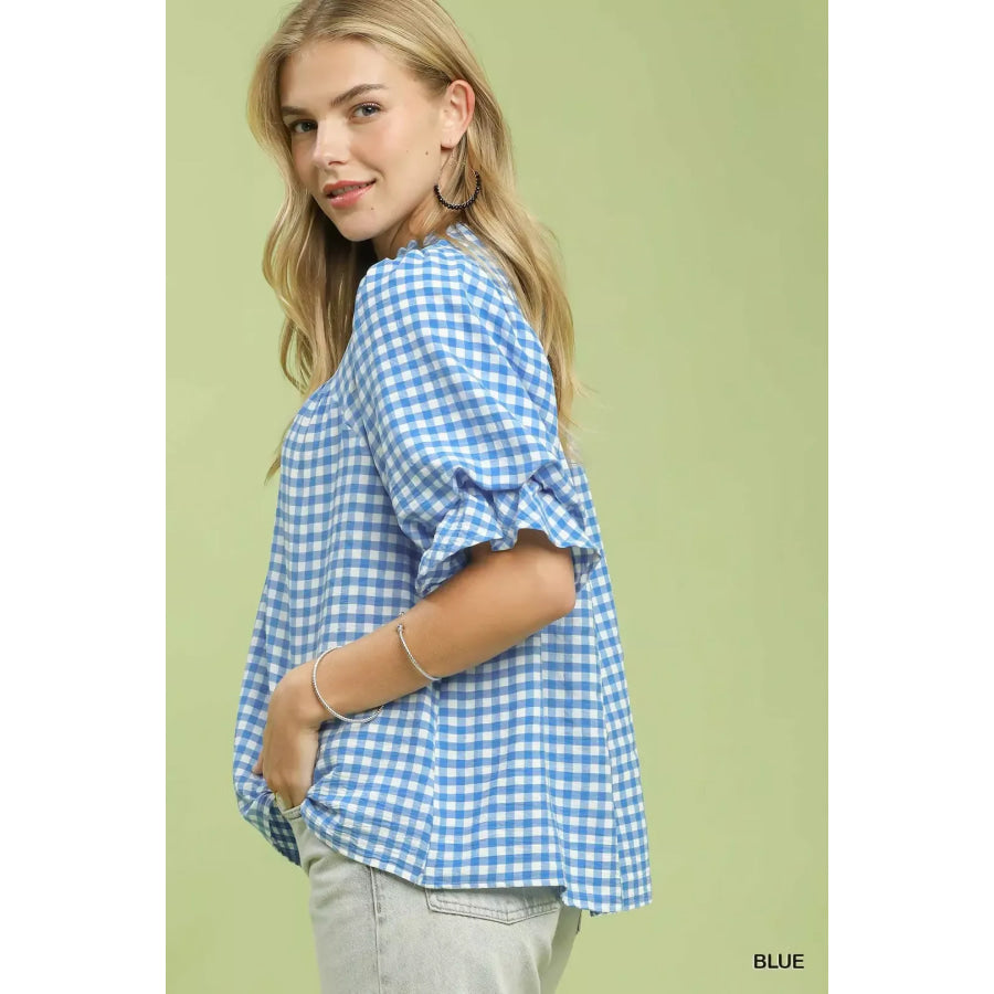 Umgee Gingham Check Blouse with Ruffle Sleeves BLUE / S Apparel and Accessories