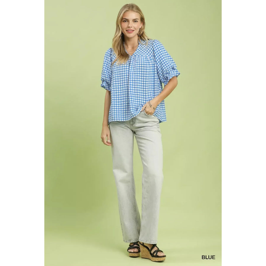 Umgee Gingham Check Blouse with Ruffle Sleeves Apparel and Accessories