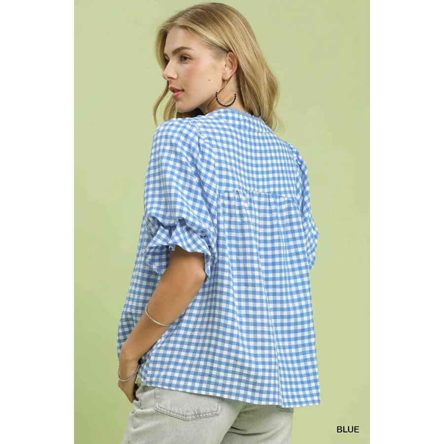 Umgee Gingham Check Blouse with Ruffle Sleeves Apparel and Accessories